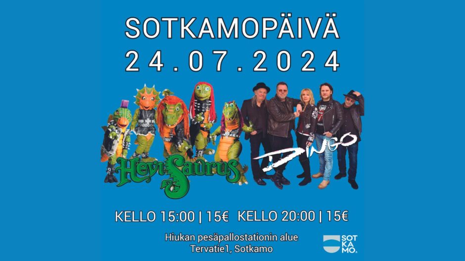 Sotkamopäivänä 24.7.2024 Hiukan pesäpallostadionilla esiintyy Hevisaurus ja Dingo